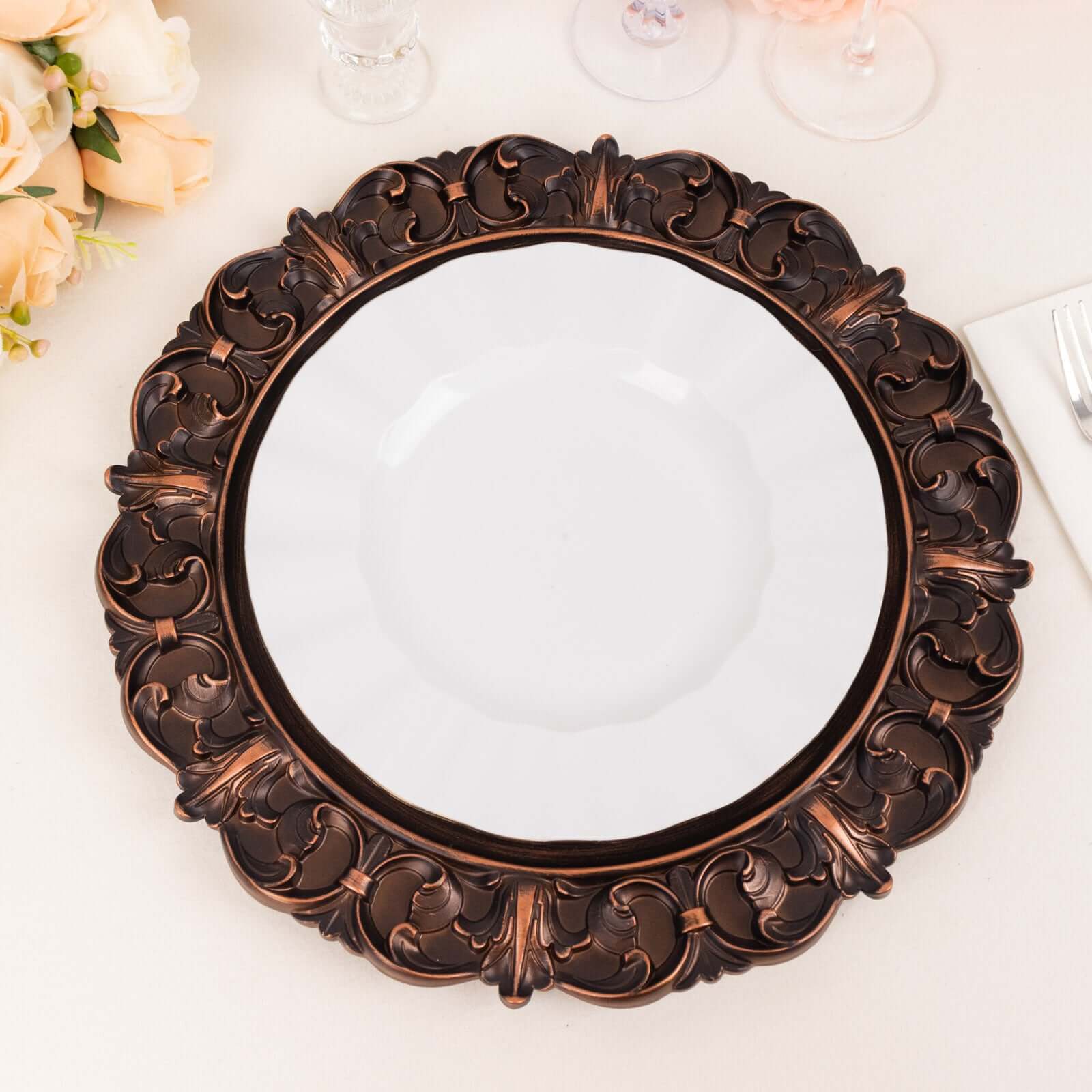 6-Pack Acrylic Charger Plates 13" Round Dark Brown with Aristocrat Retro Baroque Rim - Ornate Plastic Decorative Chargers - Image 6